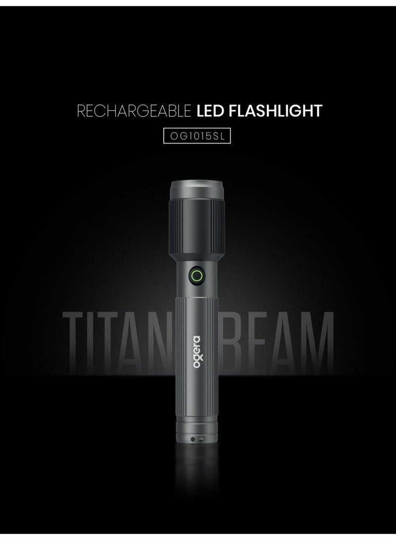 أوجيرا كشاف LED قابل لإعادة الشحن | إضاءة ليزر عالية القدرة 20 واط | سطوع 1500 لومن | مدى إضاءة 2000 متر | شحن USB Type-C | مقاوم للماء IPX5 | خاصية الزوم ووضع SOS للطوارئ | ضمان سنتين | OG1015SL | أسود - Image 1